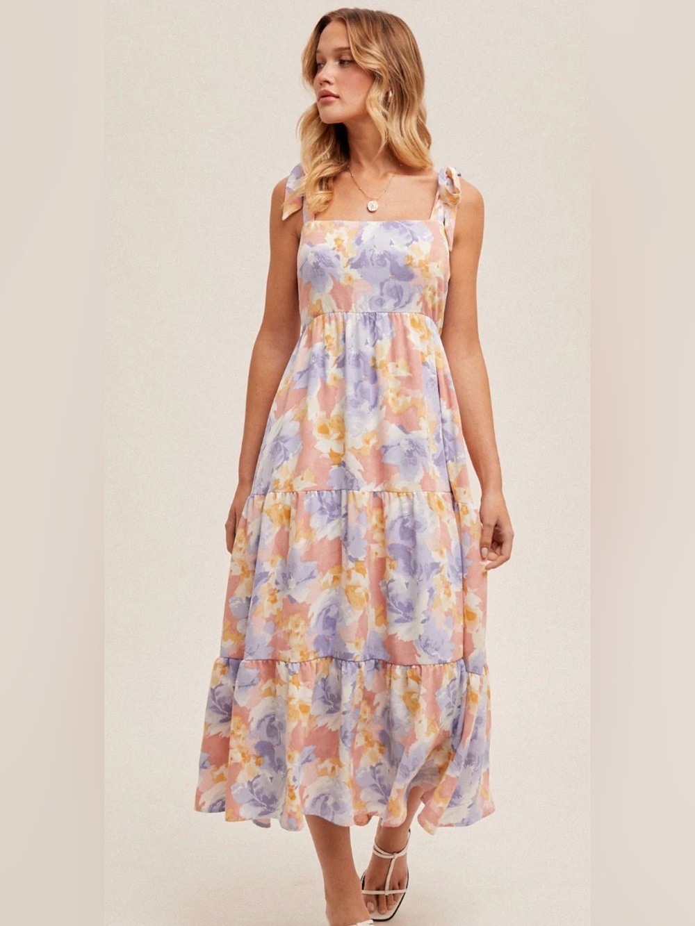 Hem & Thread Pastel Floral Tie-Shoulder Tiered Maxi Dress